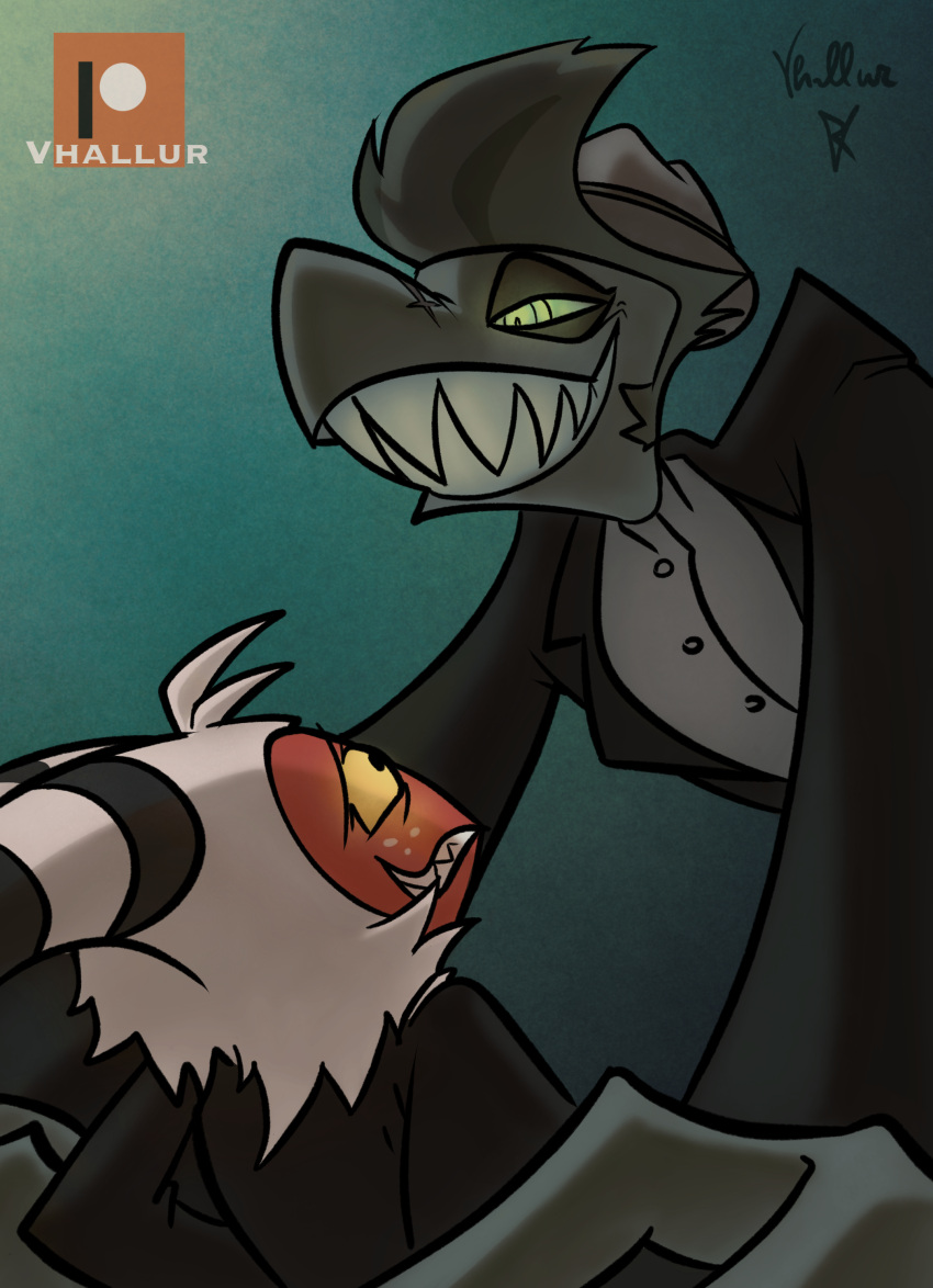 absurd_res anthro boss chaz_(helluva_boss) claws clothing demon dominant dominant_male duo fur gangster grey_body grey_fur grey_hair hair helluva helluva_boss hi_res horn humanoid mafia male male/male moxxie_(helluva_boss) red red_body red_fur sharp_claws sharp_teeth shirt smoking submissive submissive_male suit teeth topwear vhallur white_body white_fur white_hair yellow_eyes