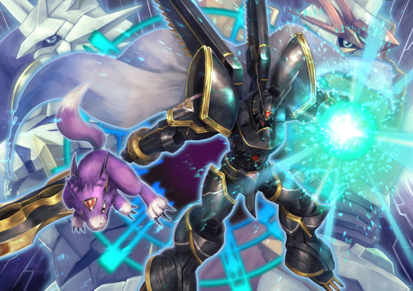 alphamon alphamon_ouryuuken armor blue_eyes cape claws commentary deadspike_nine digimon digimon_(creature) digimon_x-evolution dorumon dukemon dukemon_x gem gold_trim green_eyes holding holding_sword holding_weapon horns multiple_others omegamon omegamon_x red_gemstone robot sword tail torn_cape torn_clothes weapon white_cape yellow_eyes