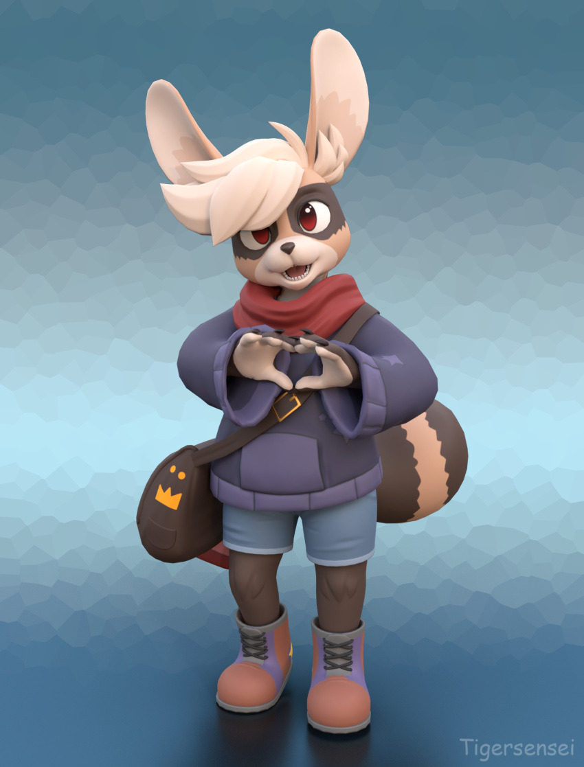 &lt;3 3d_(artwork) abstract_background ambiguous_gender anthro bag blonde_hair blue_bottomwear blue_clothing boots bottomwear brown_markings canid canine clothed clothing digital_media_(artwork) eye_markings female footwear fully_clothed gesture hair hand_heart happy hi_res hybrid lagomorph leporid looking_at_viewer mammal markings purple_clothing purple_topwear rabbit raccoon_dog red_eyes red_scar scarf short_hair shorts shoulder_bag smile solo standing stripped_tail sweater tanuki tigersensei topwear