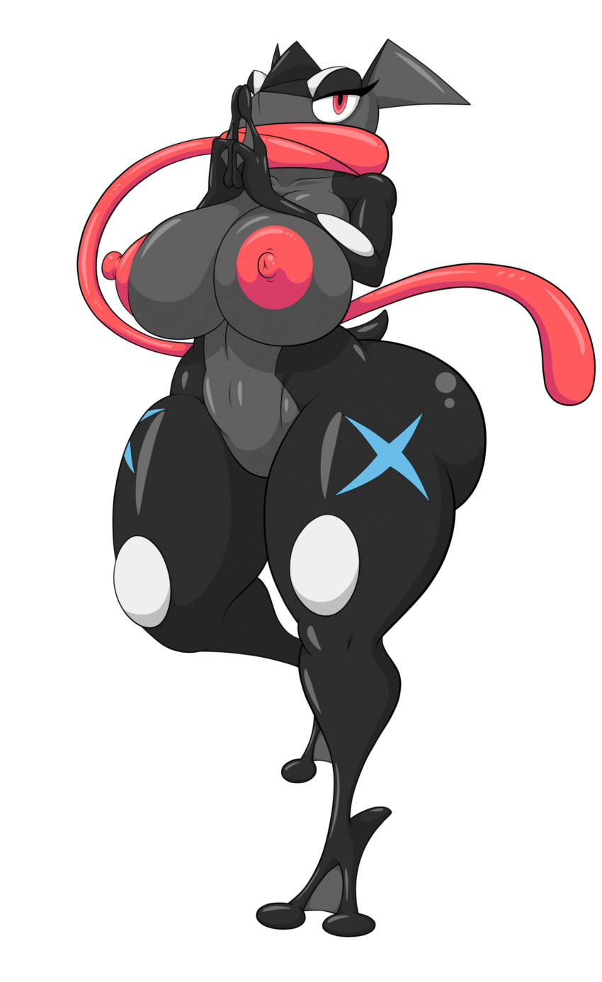 absurd_res anthro areola big_breasts big_butt black_pupils breasts butt featureless_crotch female generation_6_pokemon greninja half-closed_eyes hands_together hi_res huge_breasts looking_at_viewer multicolored_body narrowed_eyes nintendo nipples nude on_one_leg pokemon pokemon_(species) pseudo_clothing pseudo_scarf pupils red_areola red_eyes red_nipples solo standing thegeckoninja thick_thighs tongue tongue_scarf two_tone_body wide_hips