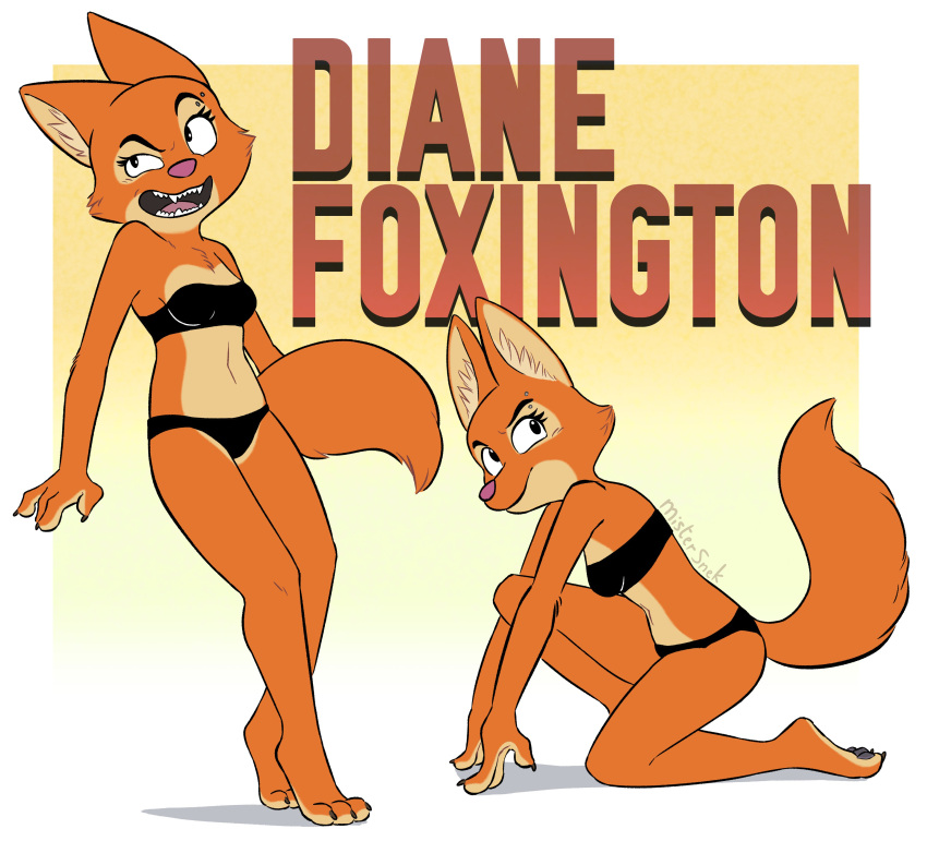 2023 3_toes 4_fingers absurd_res anthro bandeau barefoot belly bra canid canine claws clothing diane_foxington digitigrade dreamworks ear_tuft eyebrow_piercing facial_piercing fangs feet female fingers fox fur hi_res kneeling looking_away mammal mistersnek on_one_knee open_mouth orange_body orange_fur pawpads paws piercing smile solo tan_body tan_fur teeth text the_bad_guys toe_claws toes topwear tuft underwear