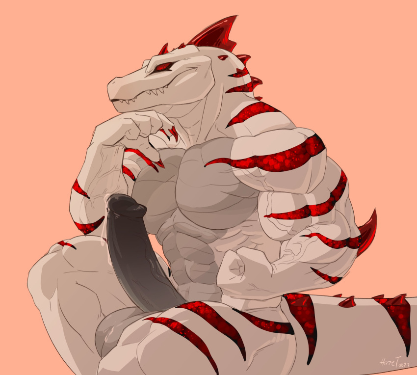 2022 abs anthro claws crocodilian digital_drawing_(artwork) digital_media_(artwork) fist haze_alligator hi_res male mouth_closed muscular muscular_male pupils red_eyes reptile scalie simple_background slit_pupils solo teeth vein veiny_muscles white_body