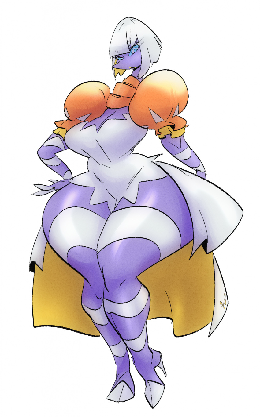 absurd_res animal_humanoid avian avian_humanoid big_breasts bird_humanoid blue_eyes blue_sclera breasts cleavage clothed clothing espathra female generation_9_pokemon hair hi_res high_heeled_feet humanoid lips long_legs long_neck nintendo organic_high_heels pokemon pokemon_(species) pokemorph purple_body purple_skin simple_background slb small_waist solo thick_thighs white_background white_hair wide_hips yellow_lips