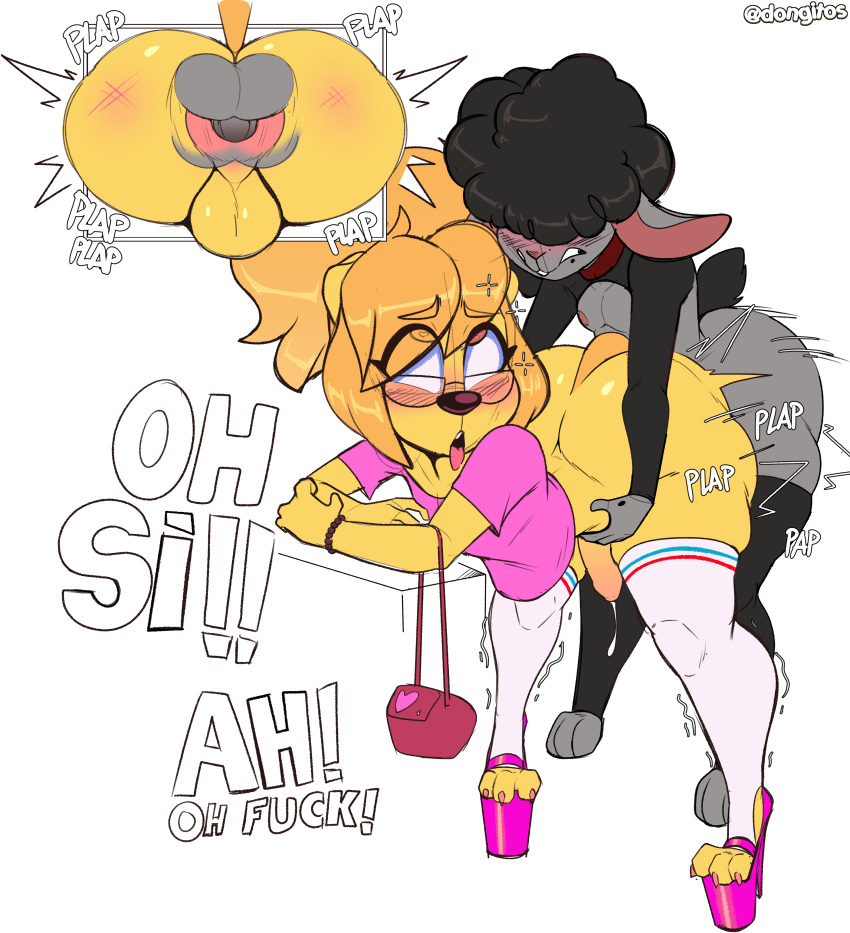 absurd_res afro ahegao anal anal_penetration anthro bent_over bird_dog black_hair blonde_hair bovid canid canine canis caprine clothing dialogue domestic_dog dongitos duo eyewear flaccid footwear fur genitals gerry_(dongitos) girly glasses golden_retriever grey_body hair hair_over_eye hi_res high_heels hunting_dog legwear looking_pleasured male male/male mammal one_eye_obstructed open_mouth penetration penile penile_penetration penis penis_in_ass pink_nose purse retriever sheep standing tail thigh_highs tom_(isolatedartest) tongue tongue_out yellow_body yellow_fur