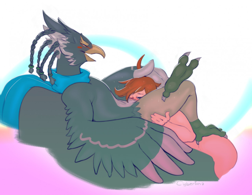 anthro anthro_penetrating anthro_penetrating_human avian big_butt big_dom_small_sub black_body black_fur blush bodily_fluids braided_hair breath_of_the_wild brown_hair butt cybertuna dominant dominant_anthro dominant_male duo eyeliner facial_markings feathers foot_on_butt fur hair head_markings head_on_hand human human_on_anthro human_penetrated interspecies larger_anthro larger_male lying makeup male male/male mammal markings multicolored_body multicolored_fur muscular muscular_anthro muscular_male nintendo nude open_mouth oral oral_penetration penetration revali rito scarf sex signature size_difference smaller_human smaller_male smaller_penetrated submissive submissive_human submissive_male sweat talons the_legend_of_zelda white_body white_fur winged_arms wings