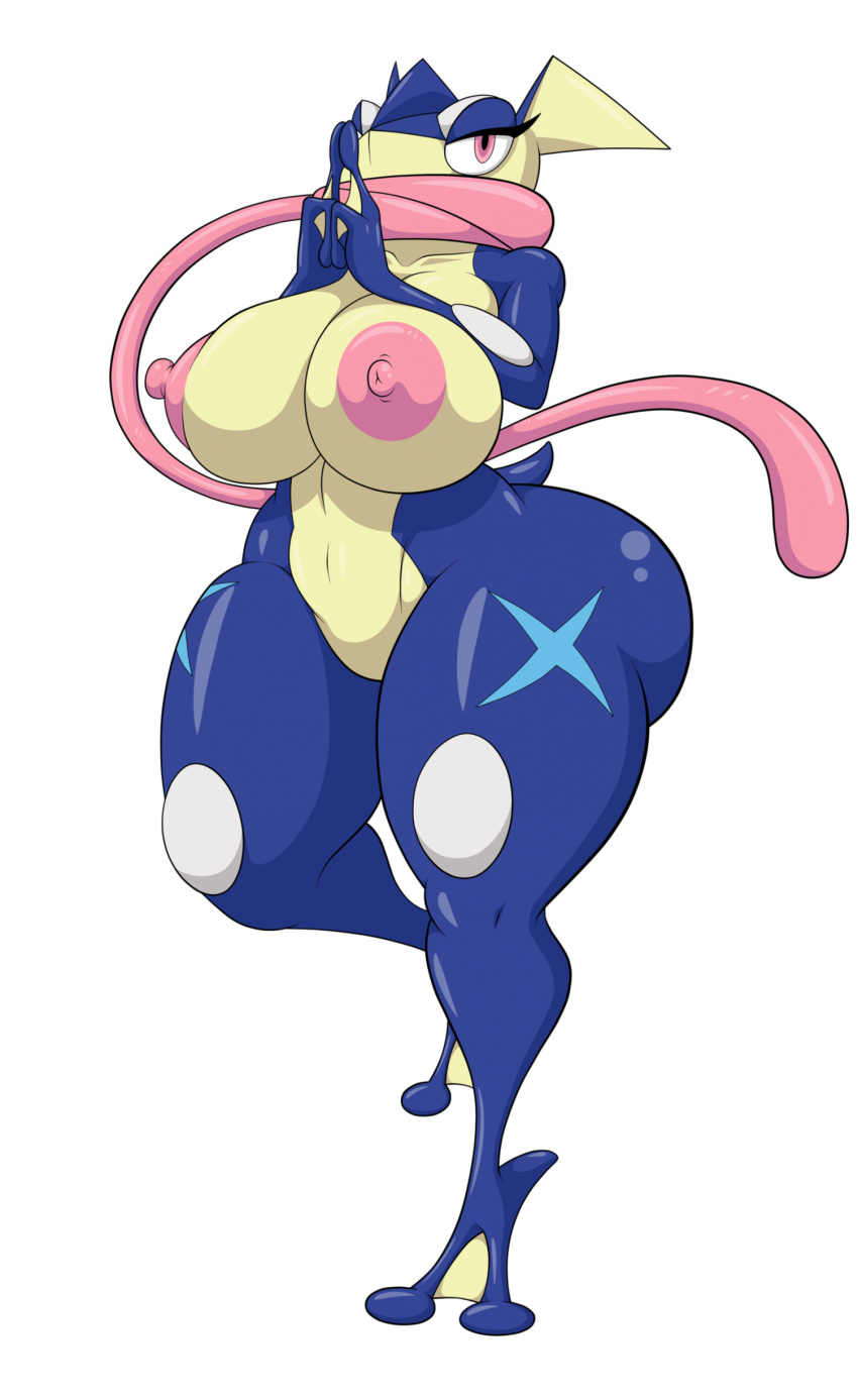 absurd_res anthro areola big_breasts big_butt black_pupils breasts butt featureless_crotch female generation_6_pokemon greninja half-closed_eyes hands_together hi_res huge_breasts looking_at_viewer multicolored_body narrowed_eyes nintendo nipples nude on_one_leg pink_areola pink_eyes pink_nipples pokemon pokemon_(species) pseudo_clothing pseudo_scarf pupils solo standing thegeckoninja thick_thighs tongue tongue_scarf two_tone_body wide_hips