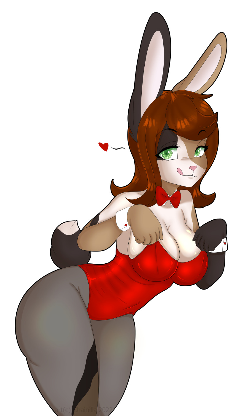 &lt;3 absurd_res anthro bow_tie bunny_costume chainilla_(artist) clothing costume female hi_res lagomorph legwear leotard leporid licking licking_lips mammal mimi_(lescarletsinger) rabbit solo teasing thigh_up tights tongue tongue_out