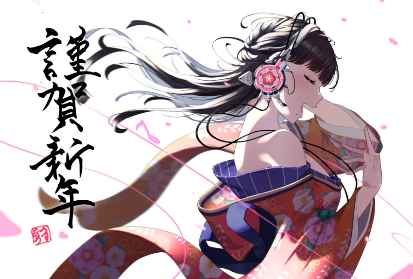 1girl birthday black_hair closed_eyes commentary_request floral_print from_side headphones japanese_clothes kimono kurosawa_dia long_hair love_live! love_live!_sunshine!! mole mole_under_mouth morros music musical_note off_shoulder petals pink_nails red_kimono singing translation_request upper_body white_background