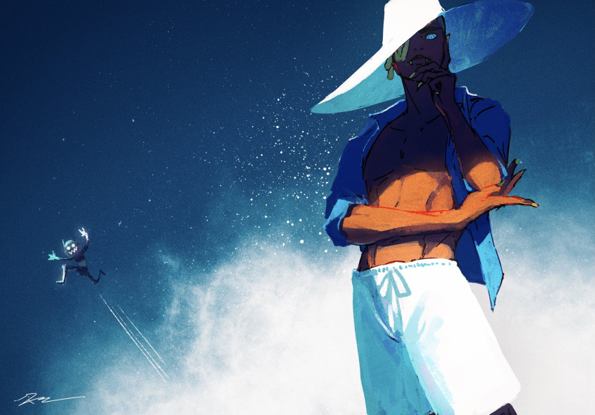 2boys \m/ abs airborne alternate_costume apex_legends bare_pectorals blue_eyes blue_shirt collarbone commentary dark-skinned_male dark_skin double_\m/ goggles green_shorts hair_over_one_eye hand_on_own_cheek hand_on_own_elbow hand_on_own_face hat highres hscatter lip_piercing male_focus male_swimwear mask multiple_boys octane_(apex_legends) one_eye_covered open_clothes open_shirt pectorals piercing seer_(apex_legends) shirt shorts signature sun_hat swim_trunks symbol-only_commentary white_headwear