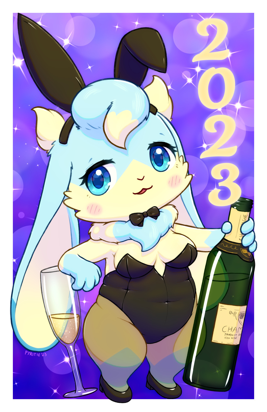 2023 4_fingers absurd_res alcohol anthro belly beverage biped blue_body blue_fur blue_paws blush bottle bow_tie breasts bunny_costume champagne champagne_bottle champagne_glass cheek_tuft chibi chubby_female cleavage clothed clothing container costume curvy_figure dewlap_(anatomy) digital_media_(artwork) eyelashes facial_tuft fake_ears fake_rabbit_ears female female_anthro fingers floppy_ears fupa fur hi_res holding_bottle holding_container holding_object kemono lagomorph legwear leporid long_ears looking_at_viewer lop_ears mammal multicolored_body multicolored_fur navel_outline new_year_2023 open_mouth open_smile overweight overweight_female pyritie rabbit semi-anthro short short_stack simple_background size_difference slightly_chubby smile sofu_(pyritie) solo standing swirl tan_body tan_fur text thick_thighs tights tuft two_tone_body two_tone_fur wide_hips