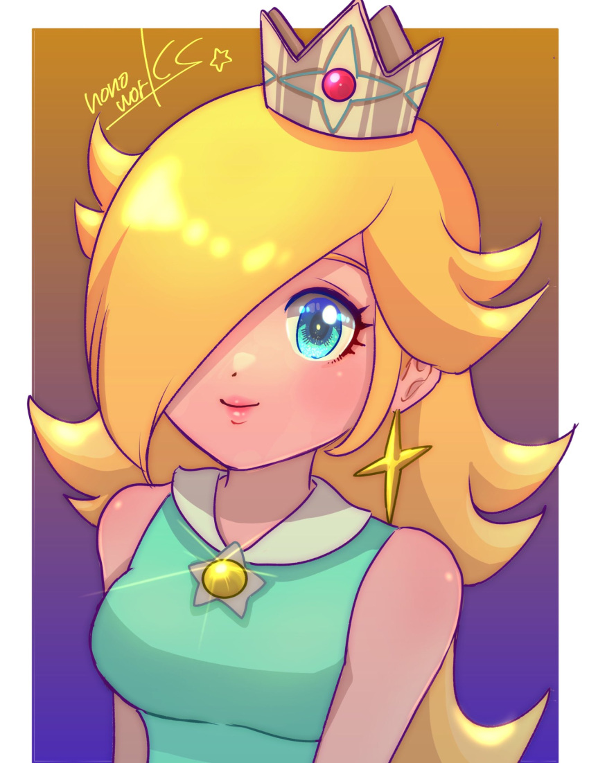 1girl bare_shoulders blonde_hair blue_dress blue_eyes brooch crown dress earrings eyelashes hair_over_one_eye highres jewelry long_hair looking_at_viewer mario_(series) mario_tennis nonoworks rosalina signature sleeveless sleeveless_dress smile solo star_(symbol) star_earrings upper_body