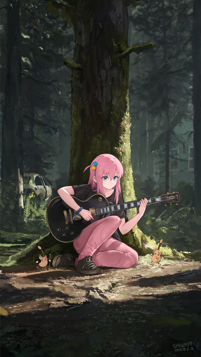 1girl absurdres artist_name bangs black_footwear black_shirt blue_eyes bocchi_the_rock! building car cube_hair_ornament dated day electric_guitar forest gibson_les_paul gotou_hitori ground_vehicle guitar hair_between_eyes hair_ornament highres holding holding_instrument house instrument long_hair motor_vehicle music nature one_side_up outdoors pants pink_hair pink_pants playing_instrument sawkm scenery shirt shoes short_sleeves sitting sneakers t-shirt the_last_of_us_2 track_pants tree