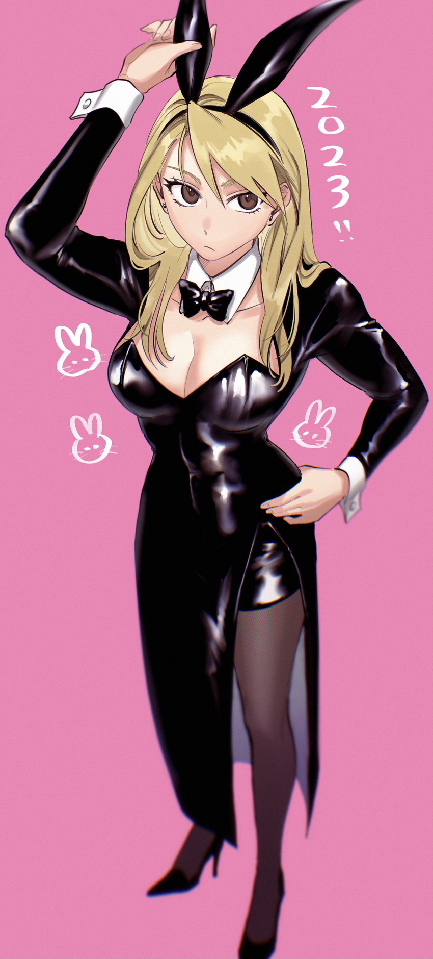 1girl 2023 absurdres alternate_costume animal_ears bangs black_pantyhose blonde_hair breasts brown_eyes closed_mouth commentary earrings fake_animal_ears folded_ponytail full_body fullmetal_alchemist hand_on_hip happy_new_year highres jewelry large_breasts long_sleeves looking_at_viewer ozaki_(tsukiko3) pantyhose playboy_bunny rabbit_ears riza_hawkeye solo standing wrist_cuffs