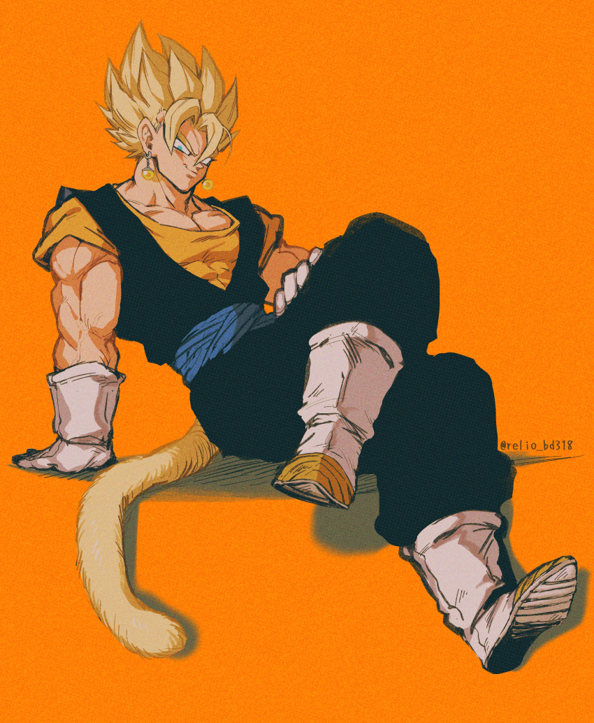 1boy absurdres arm_support artist_name biceps blonde_hair blue_eyes blue_sash boots closed_mouth collarbone crossed_legs dougi dragon_ball dragon_ball_z earrings full_body gloves hair_between_eyes highres invisible_chair jewelry looking_at_viewer male_focus monkey_tail muscular muscular_male orange_background orange_shirt pectorals potara_earrings relio_db318 sash shadow shirt short_sleeves simple_background sitting smile smirk solo spiked_hair super_saiyan super_saiyan_1 tail twitter_username v-shaped_eyebrows vegetto white_footwear white_gloves