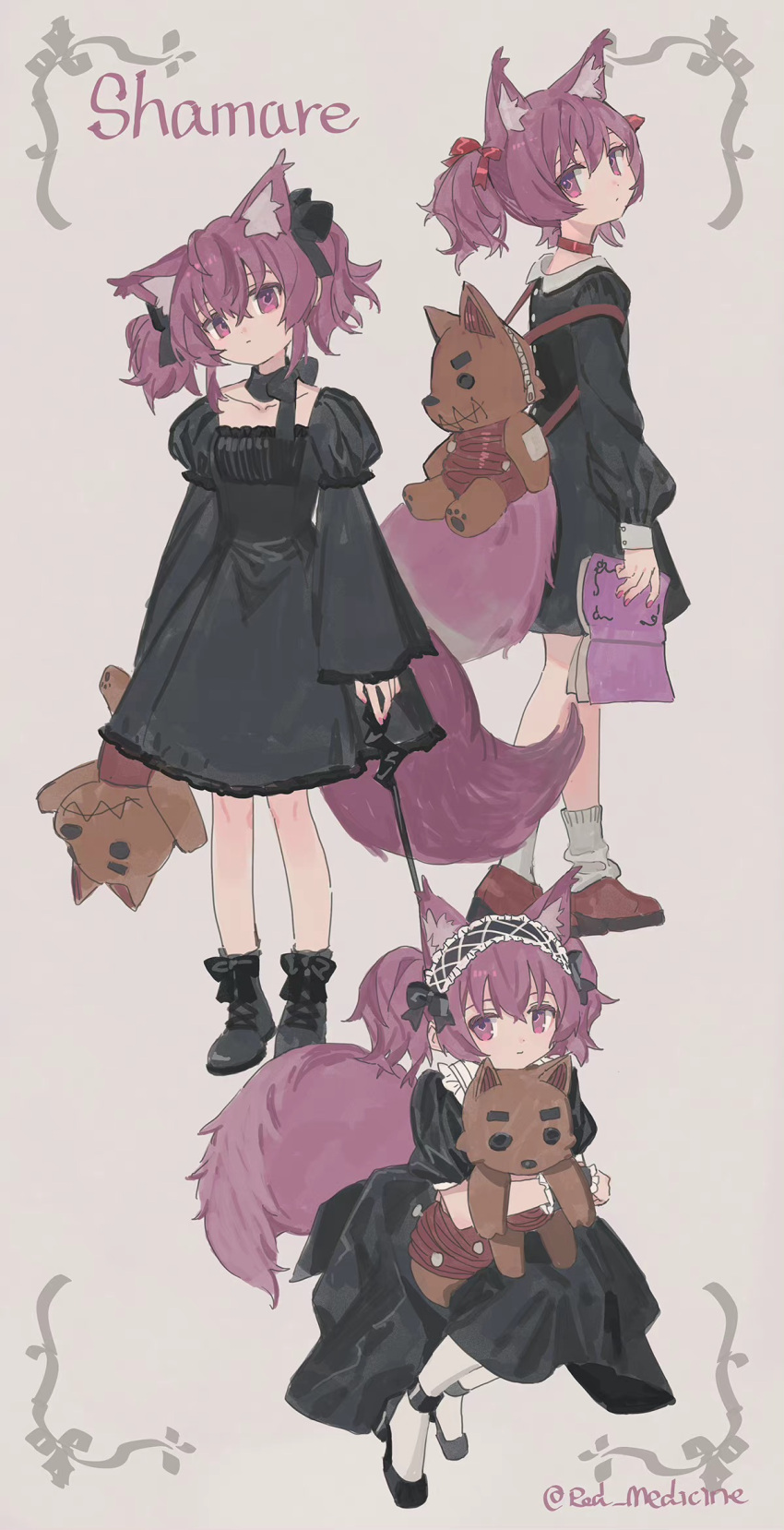 1girl alternate_costume animal_bag animal_ear_fluff arknights backpack bag bangs black_bow black_dress black_footwear book boots bow character_name choker closed_mouth collared_dress dress expressionless fox_girl fox_tail frilled_hairband frills full_body gothic_lolita hair_bow hairband head_tilt high_heels highres holding holding_book holding_stuffed_toy lolita_fashion long_sleeves looking_at_viewer loose_socks medium_hair multiple_views nail_polish open_book pantyhose puffy_short_sleeves puffy_sleeves purple_eyes purple_hair purple_nails red_(girllove) red_bow red_footwear shamare_(arknights) short_sleeves socks stuffed_toy stuffed_wolf tail twitter_username two_side_up white_pantyhose white_socks wrist_cuffs