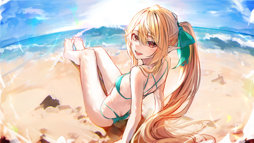 1girl absurdres alternate_hairstyle beach bikini blonde_hair blush bow breasts brown_eyes from_behind full_body green_bikini green_bow hair_bow highres long_hair looking_at_viewer multi-strapped_bikini multicolored_eyes naokomama nijisanji nijisanji_en ocean open_mouth outdoors outstretched_leg pointy_ears pomu_rainpuff ponytail red_eyes sitting small_breasts smile solo string_bikini swimsuit virtual_youtuber