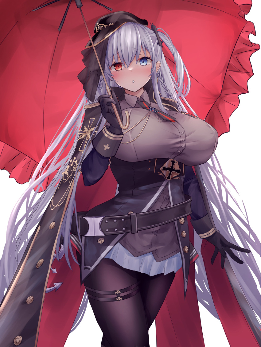 1girl absurdres azur_lane black_gloves black_headwear black_necktie black_pantyhose black_shirt blue_eyes blush breasts coat coat_on_shoulders collared_shirt cowboy_shot elbing_(azur_lane) frilled_umbrella frills gloves grey_hair hat heterochromia highres holding holding_umbrella huge_breasts long_hair long_sleeves looking_at_viewer necktie pantyhose peaked_cap red_eyes red_umbrella shirt short_necktie simple_background solo standing umbrella very_long_hair white_background yuuki_shuri