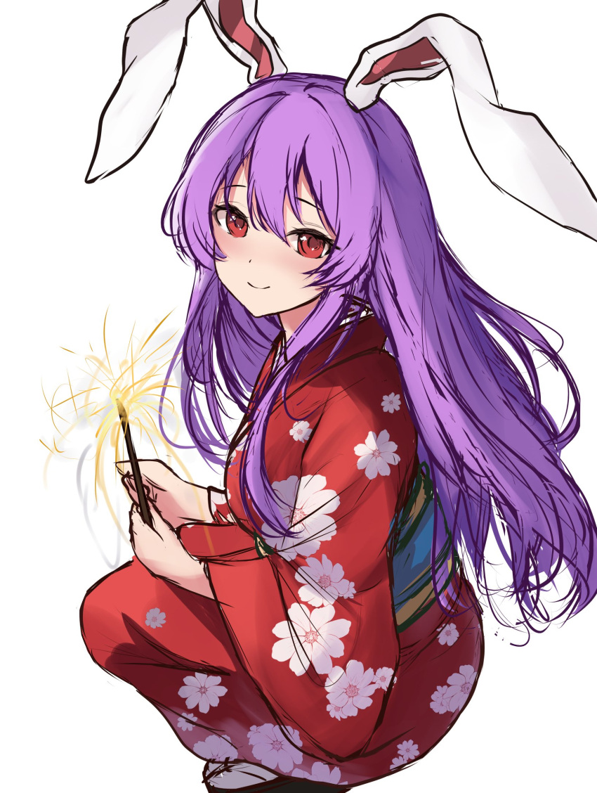 1girl alternate_costume animal_ears bangs closed_mouth english_commentary fireworks floral_print full_body highres japanese_clothes kimono long_hair looking_at_viewer orchid_(orukido) purple_hair rabbit_ears rabbit_girl red_eyes red_kimono reisen_udongein_inaba sash simple_background smile solo sparkler squatting touhou white_background