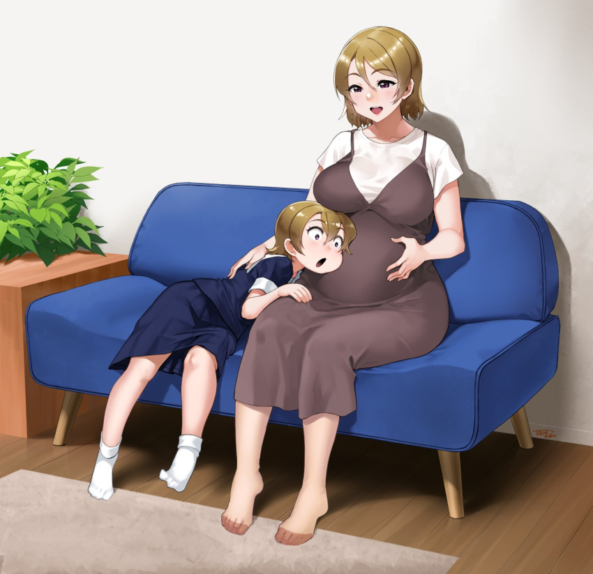 2girls :d :o aged_up blue_shirt blue_skirt breasts brown_dress child commission couch dress feet hand_on_own_stomach highres indoors koizumi_hanayo large_breasts lips listening love_live! mature_female medium_hair mother_and_daughter multiple_girls no_shoes on_couch pantyhose plant pregnant purple_eyes school_uniform serafuku shirt short_sleeves signature sitting skeb_commission skirt smile socks tachibana_roku teeth toes upper_teeth_only wall white_shirt white_socks wide-eyed wooden_floor