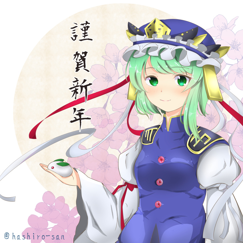 1girl absurdres asymmetrical_hair bangs blue_headwear blush bow breasts buttons closed_mouth commentary_request epaulettes frilled_hat frills green_eyes green_hair hashiro_fumi hat highres holding long_sleeves looking_at_viewer medium_breasts red_bow shiki_eiki shirt short_hair single_sidelock sleeve_bow smile snow_bunny solo touhou translation_request upper_body white_bow white_shirt wide_sleeves