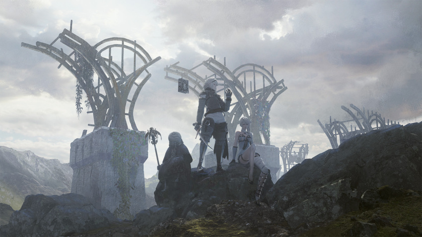 1girl 2boys commentary_request emil_(nier) grey_hair grimoire_weiss kaine_(nier) mask multiple_boys nier nier_(series) nier_(young) official_art outdoors rounin_(amuza) square_enix staff standing sword weapon