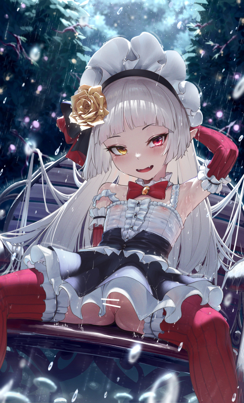 1girl absurdres armpits blush breasts commentary_request commission dress flat_chest flower gothic_lolita grey_hair hairband heterochromia highres izumi_kumi lolita_fashion lolita_hairband long_hair looking_at_viewer no_panties original padoruu pussy rain red_eyes ribbon see-through sitting skirt solo spread_legs wet wet_clothes white_skirt yellow_eyes