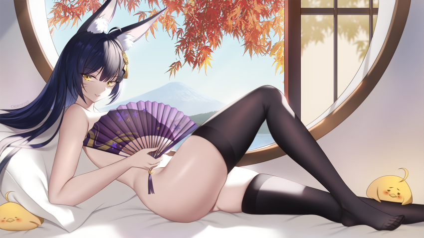 1girl ahoge animal_ear_fluff animal_ears architecture arm_support autumn_leaves azur_lane black_hair black_thighhighs blue_sky breasts cleavage commentary convenient_censoring day east_asian_architecture facial_mark feet folding_fan foot_out_of_frame fox_ears hair_ornament hand_fan highres holding holding_fan large_breasts legs long_hair looking_at_viewer lying manjuu_(azur_lane) mountain musashi_(azur_lane) no_panties no_shoes on_back on_bed open_window parted_lips pillow round_window see-through_silhouette sky smile solo straight_hair tassel tassel_hair_ornament thighhighs thighs toes topless underboob whisker_markings window yellow_eyes zzo_(chorizzzzo)