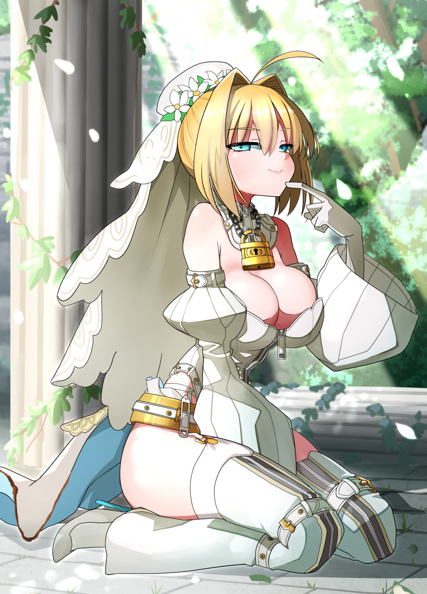 1girl absurdres ahoge akitokage bangs bare_shoulders belt blonde_hair blush breasts chain cleavage detached_collar detached_sleeves elbow_gloves fate/extra fate/extra_ccc fate/grand_order fate_(series) flower_wreath full-length_zipper gloves green_eyes hair_between_eyes hair_intakes head_wreath high_heels highleg highleg_leotard highres large_breasts leotard light_rays lock long_hair looking_at_viewer loose_belt nero_claudius_(bride)_(fate) nero_claudius_(bride)_(second_ascension)_(fate) nero_claudius_(fate) padlock petals pillar puffy_sleeves sitting smile solo thighhighs tree veil wariza white_gloves white_leotard white_thighhighs wide_sleeves zipper zipper_pull_tab