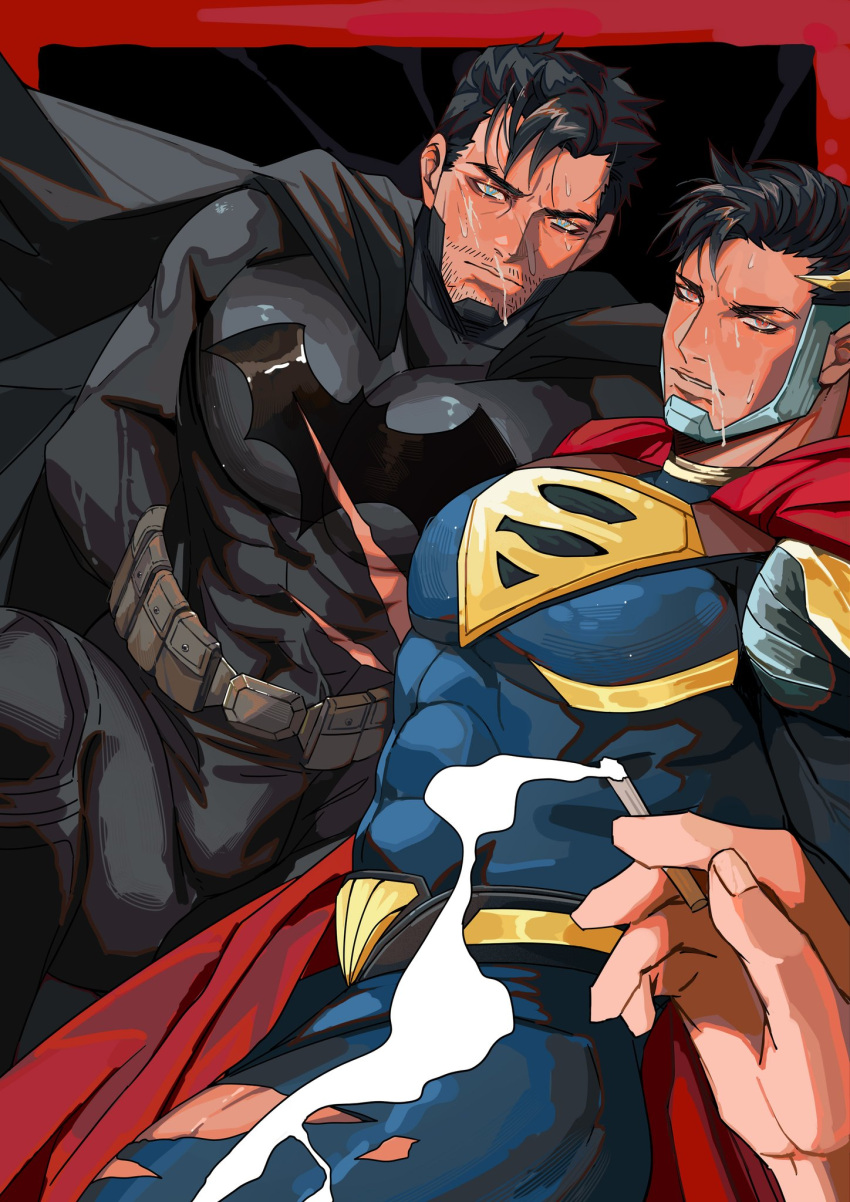 3boys after_fellatio arms_behind_back bara batman batman_(series) black_cape black_hair blue_bodysuit blue_eyes bodysuit bruce_wayne cape cigarette clark_kent cum cum_on_boy dc_comics doufujintianxianle facial facial_hair grey_bodysuit highres holding holding_cigarette large_pectorals male_focus multiple_boys muscular muscular_male pectorals red_cape red_eyes restrained short_hair smoking superman superman_(series) torn_bodysuit torn_clothes yaoi