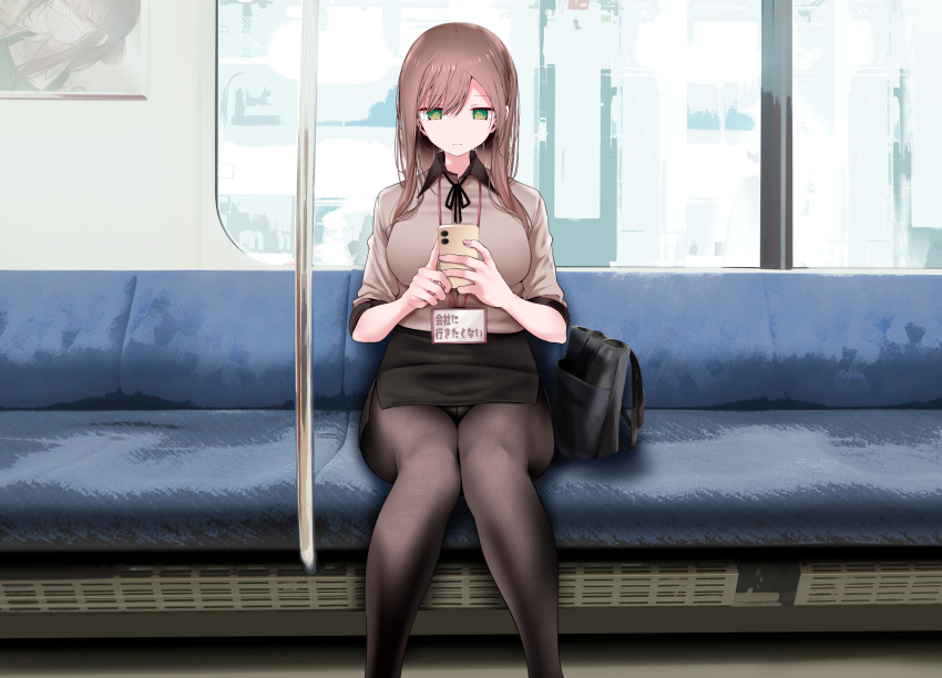 1girl @_@ bag bangs black_ribbon blush breasts brown_hair brown_pantyhose cellphone closed_mouth collared_shirt commentary_request crotch_seam feet_out_of_frame fine_fabric_emphasis green_eyes highres holding holding_phone knees_together_feet_apart lanyard large_breasts legs long_hair looking_at_phone miniskirt neck_ribbon office_lady ol-chan_(oouso) oouso original panties panties_under_pantyhose pantyhose pantyshot pencil_skirt phone pink_nails ribbon shadow shiny shiny_hair shirt sitting skirt smartphone solo train_interior translation_request underwear