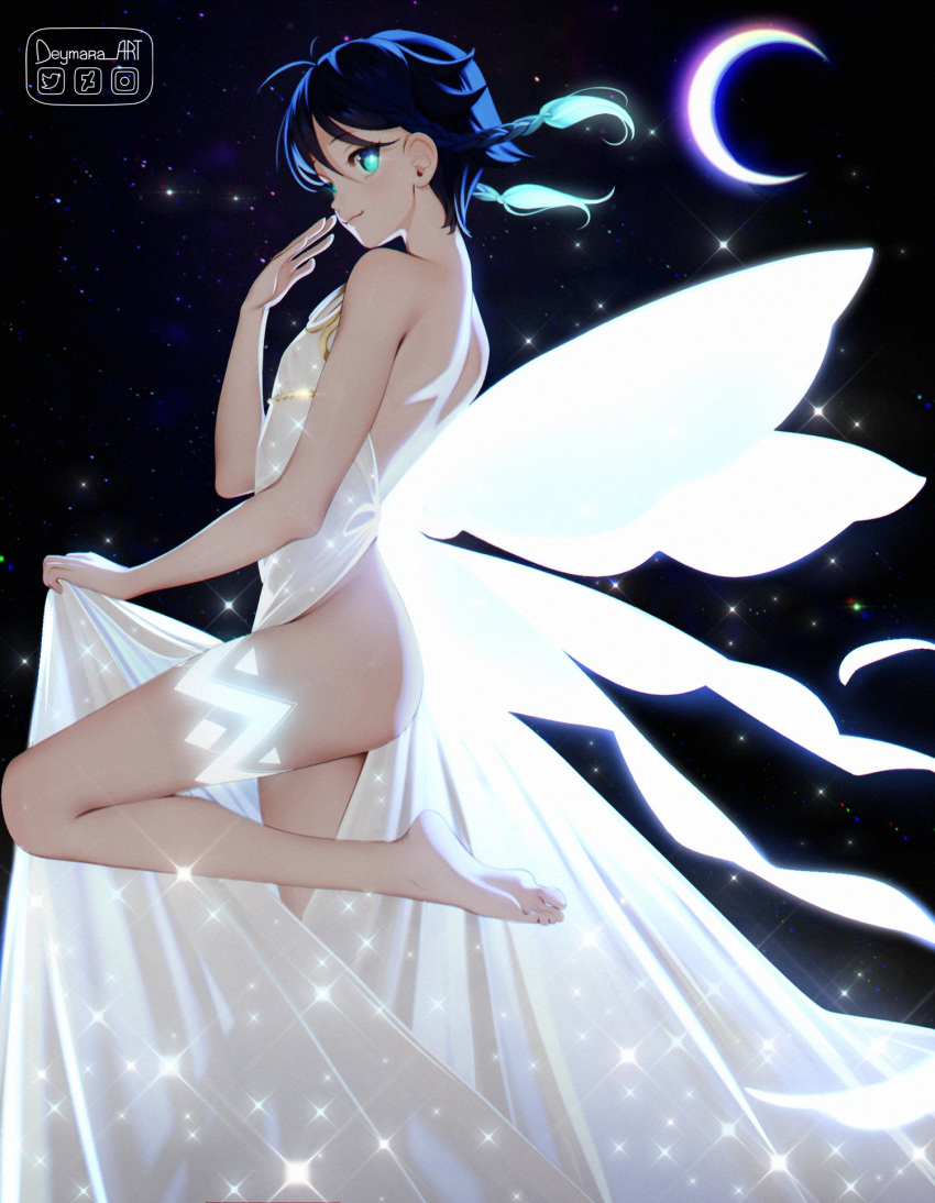1boy artist_name bare_legs bare_shoulders barefoot bishoujo_senshi_sailor_moon black_hair braid butterfly_wings closed_mouth commentary cosplay crescent_moon deviantart_logo deviantart_username deymara dress english_commentary feet from_side genshin_impact glowing hand_up highres instagram_logo instagram_username leg_tattoo legs looking_at_viewer male_focus moon night night_sky otoko_no_ko outdoors princess_serenity princess_serenity_(cosplay) sky soles solo sparkle_print star_(sky) starry_sky tattoo thigh_strap toes twitter_logo twitter_username venti_(genshin_impact) white_dress wings