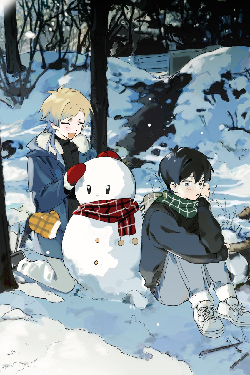 2boys aged_down ball black_hair black_shirt blonde_hair blue_coat blue_eyes blue_hair blue_lock blush child closed_eyes closed_mouth coat full_body green_scarf grey_pants head_rest highres isagi_yoichi kneeling long_hair long_sleeves male_child male_focus michael_kaiser mittens multicolored_hair multiple_boys on_ground open_mouth outdoors pants red_mittens scarf shirt shoes short_hair sitting snow snowman soccer_ball tree two-tone_hair unimless white_footwear winter