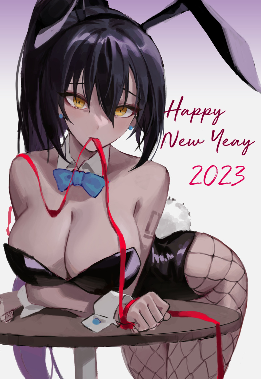 1girl 2023 absurdres animal_ears arms_under_breasts bangs big_hair black_hair blue_archive breasts chinese_zodiac cleavage crossed_arms detached_collar english_text fishnets hair_between_eyes happy_new_year highres jinbin825 karin_(blue_archive) karin_(bunny)_(blue_archive) large_breasts leaning_on_table long_hair looking_at_viewer mouth_hold new_year number_tattoo official_alternate_costume playboy_bunny pony rabbit_ears rabbit_tail red_ribbon ribbon ribbon_in_mouth solo tail tattoo thighs very_long_hair wrist_cuffs year_of_the_rabbit yellow_eyes
