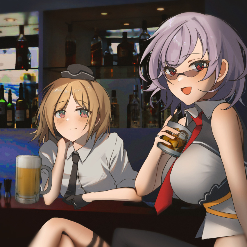 2girls alcohol bangs beer beer_mug black_gloves black_necktie blonde_hair breasts brown_eyes cuffed cup garrison_cap girls'_frontline glasses gloves grey_hair hat highres holding holding_cup jewelry large_breasts legs looking_at_viewer military military_hat military_uniform mp40_(girls'_frontline) mug multiple_girls necktie non-web_source open_mouth phago red_eyes red_necktie ring shirt short_hair short_sleeves sitting smile sunglasses thompson_(girls'_frontline) uniform wedding_ring whiskey