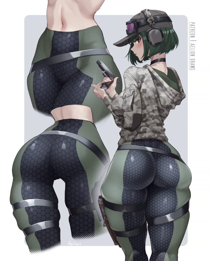 1girl absurdres aelion_draws ass black_choker camouflage camouflage_jacket choker commentary ela_(rainbow_six_siege) english_commentary from_behind goggles goggles_on_headwear green_eyes green_hair grey_background grey_headwear grey_jacket gun handgun hat headphones highres holding holding_gun holding_weapon hood hooded_jacket jacket looking_at_viewer looking_back multiple_views navel patreon_username rainbow_six_siege short_hair simple_background stomach two-tone_background weapon white_background