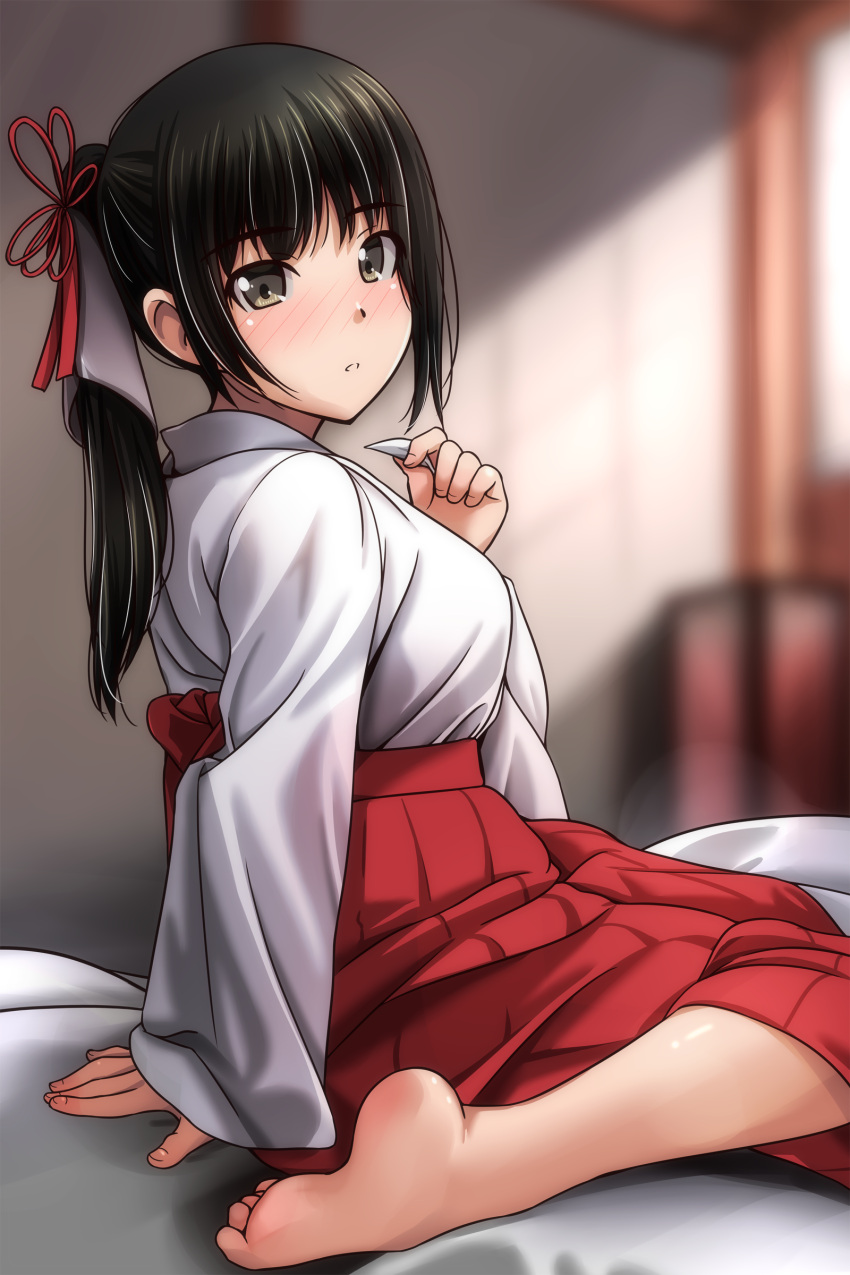 1girl :o absurdres arm_support barefoot black_hair blurry blurry_background blush breasts brown_eyes depth_of_field feet from_side hakama hakama_skirt hand_up highres indoors japanese_clothes kimono long_hair long_sleeves looking_at_viewer looking_to_the_side matsunaga_kouyou miko nose_blush original parted_lips ponytail red_hakama sidelocks sitting skirt sleeves_past_wrists small_breasts soles solo toes wariza white_kimono wide_sleeves