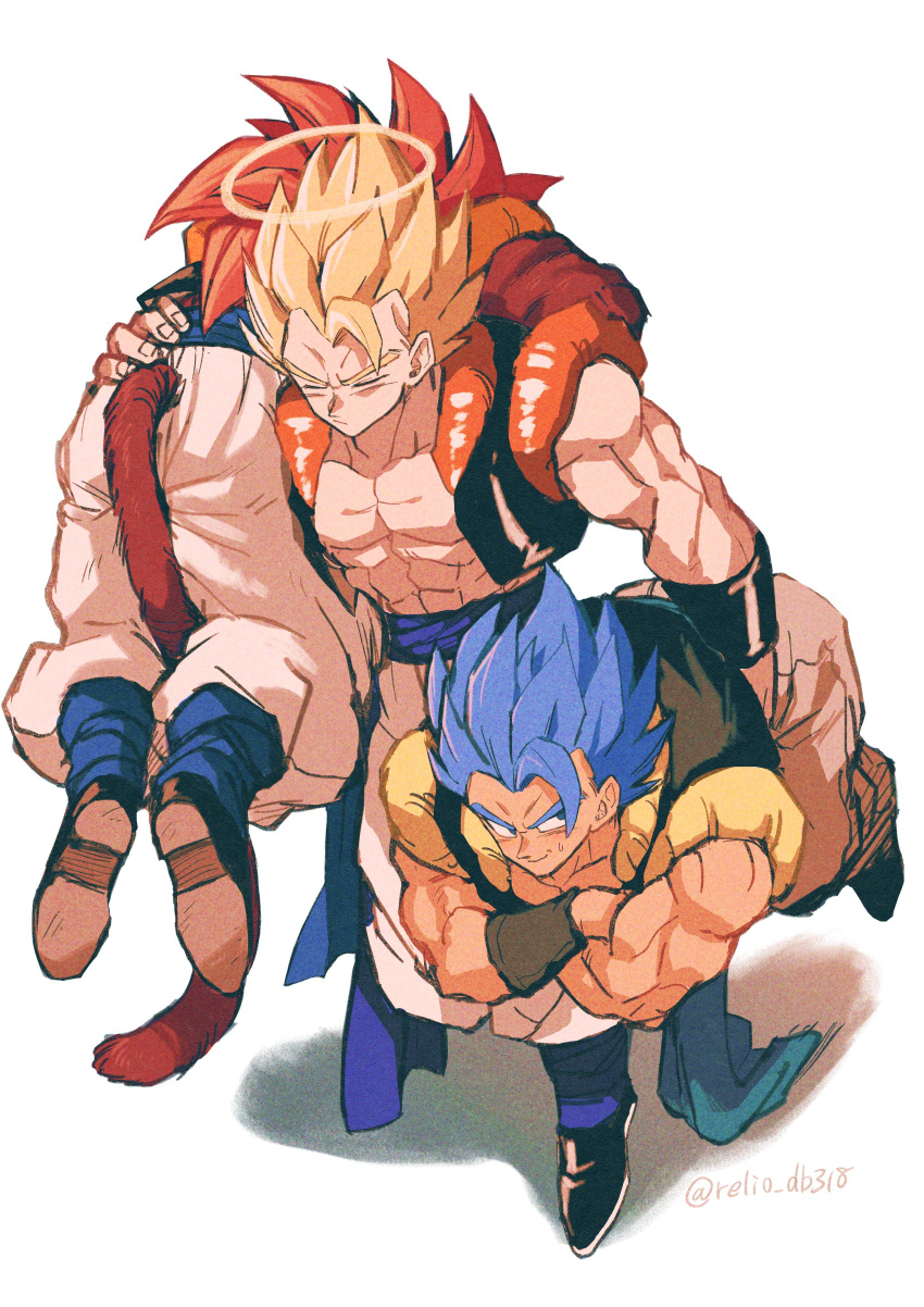 3boys abs absurdres arm_up artist_name baggy_pants bare_shoulders biceps black_footwear black_vest black_wristband blonde_hair blue_eyes blue_hair blue_sash boots carrying carrying_over_shoulder closed_eyes closed_mouth collarbone crossed_arms dragon_ball dragon_ball_gt dragon_ball_super dragon_ball_z frown full_body gogeta halo highres looking_at_viewer male_focus metamoran_vest monkey_tail multiple_boys multiple_persona muscular muscular_male open_clothes open_vest pants pectorals red_hair relio_db318 sash shadow simple_background smile smirk spiked_hair standing super_saiyan super_saiyan_1 super_saiyan_4 super_saiyan_blue sweatdrop tail twitter_username v-shaped_eyebrows vest white_background white_pants wristband