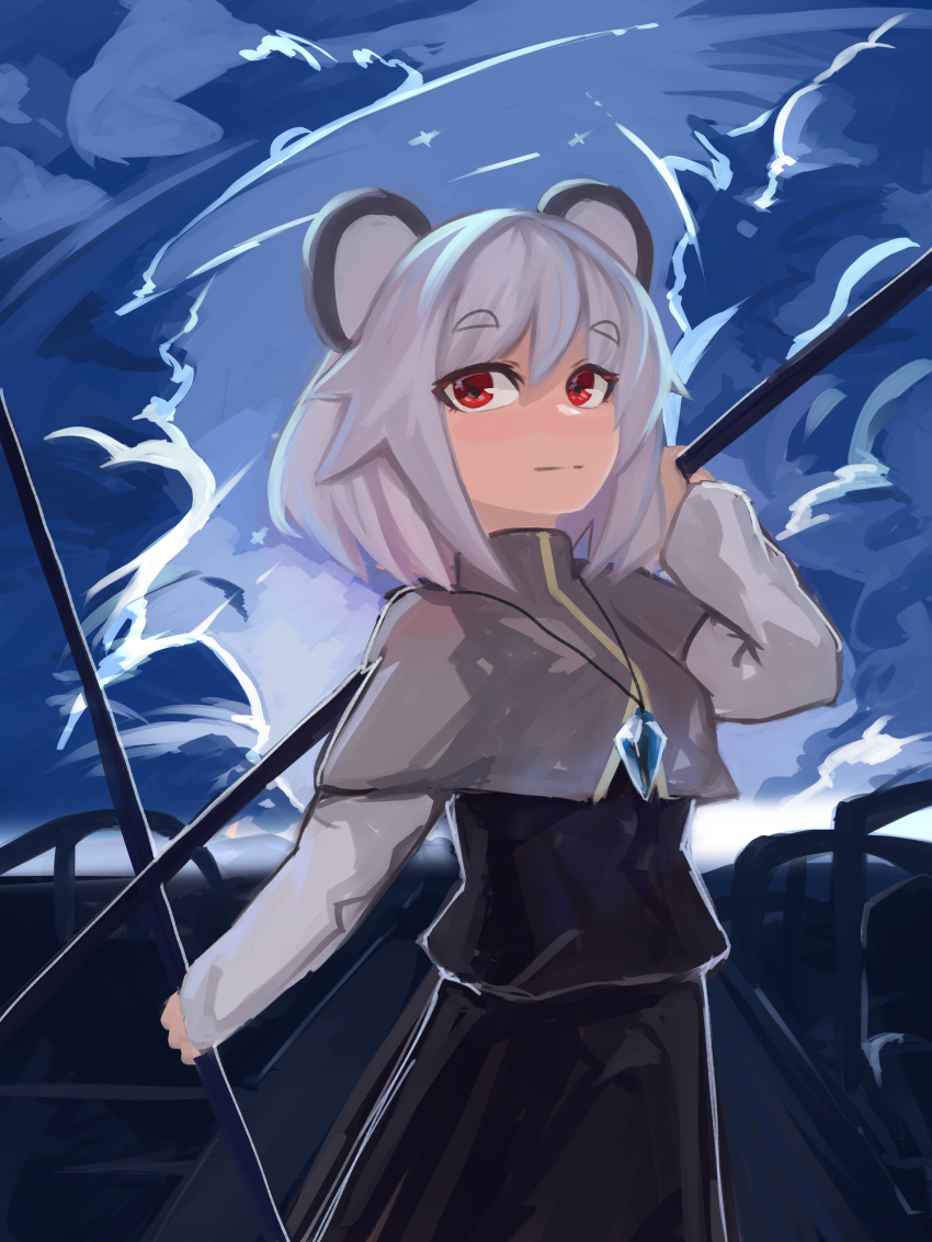 1girl absurdres animal_ears bangs black_skirt black_vest blush breasts capelet clip_studio_paint_(medium) closed_mouth commentary_request cowboy_shot crystal dowsing_rod grey_capelet grey_hair highres jewelry lenserd long_sleeves medium_hair mouse_ears mouse_girl nazrin pendant red_eyes shirt skirt small_breasts smile solo touhou vest white_shirt