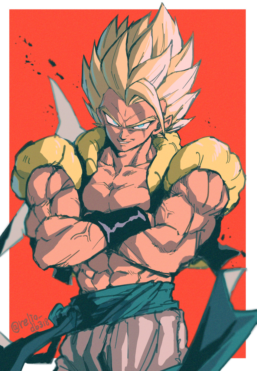 1boy abs absurdres artist_name biceps black_vest blonde_hair blue_eyes blue_sash border collarbone crossed_arms dragon_ball dragon_ball_z gogeta highres looking_at_viewer male_focus metamoran_vest muscular muscular_male open_clothes open_vest outside_border pants parted_lips pectorals red_background relio_db318 sash simple_background smile solo spiked_hair standing super_saiyan super_saiyan_1 teeth twitter_username v-shaped_eyebrows veins vest white_border white_pants