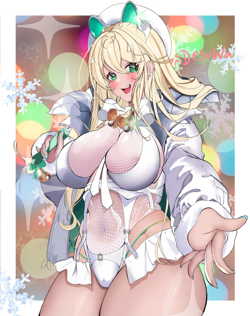 1girl absurdres bangs bell blonde_hair blush bow breasts cleavage fang fingernails goddess_of_victory:_nikke hair_ornament hat highres jacket large_breasts long_hair long_sleeves looking_at_viewer open_mouth reaching_towards_viewer rupee_(nikke) rupee_(winter_shopper)_(nikke) simple_background smile snowflakes solo thighs wide_hips