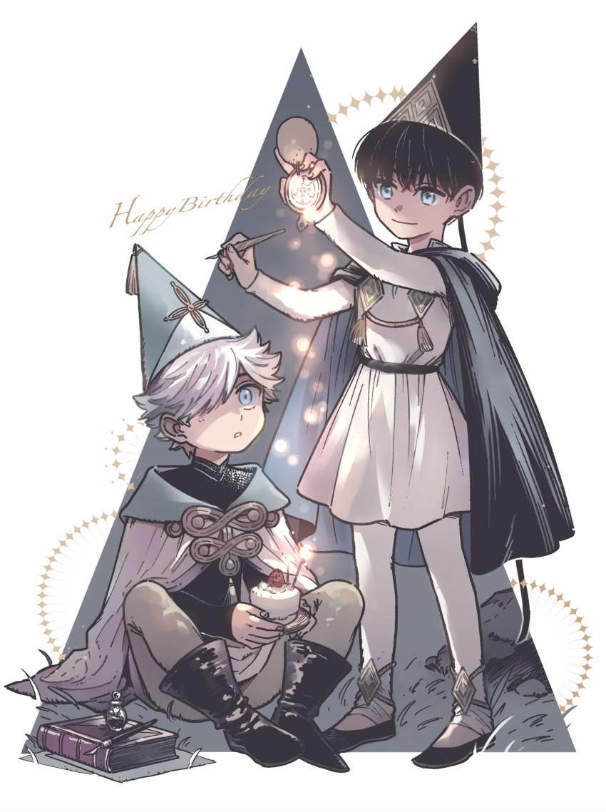 2boys absurdres aged_down bangs black_footwear black_hair blue_eyes book boots cake calligraphy_brush cape cloak closed_mouth food futsutsuka happy_birthday hat highres holding ink_bottle long_sleeves looking_up magic male_focus multiple_boys olruggio_(tongari_boushi_no_atelier) open_mouth paintbrush pants pointy_hat qifrey_(tongari_boushi_no_atelier) shoes short_hair sitting smile tongari_boushi_no_atelier white_hair wizard_hat