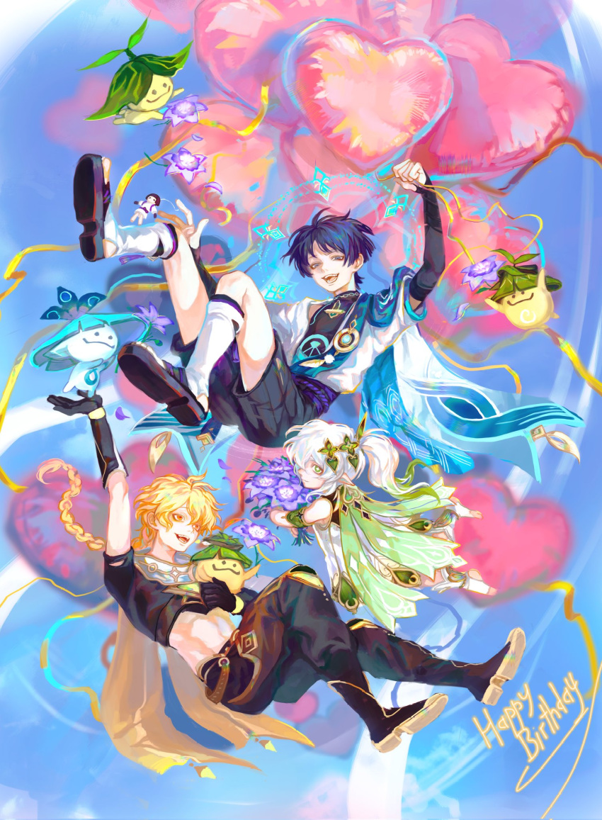 1girl 2boys 4others aether_(genshin_impact) antenna_hair arama_(genshin_impact) aranara_(genshin_impact) arm_armor arm_up arms_up back balloon bangs bare_shoulders belt black_belt black_bow black_footwear black_gloves black_pants black_shirt black_shorts black_socks blonde_hair blue_gemstone blue_skin blue_sky blue_vest blunt_ends blurry blurry_background boots bow braid cape character_doll closed_mouth cloud cloudy_sky colored_skin cross-shaped_pupils crystal detached_sleeves doll dress english_text flower flying gem genshin_impact gloves gold green_cape green_eyes green_hair hair_between_eyes hair_ornament hands_up heart heart_balloon heart_hair_ornament highres holding holding_flower jewelry leaf leaf_hair_ornament leg_up leg_warmers legs_up long_hair looking_at_another looking_at_viewer looking_up mandarin_collar multicolored_hair multiple_boys multiple_others nahida_(genshin_impact) navel necklace no_headwear open_clothes open_mouth open_vest orange_eyes pants pointy_ears pom_pom_(clothes) ponytail purple_belt purple_eyes purple_flower purple_hair ring sandals scaramouche_(genshin_impact) scarf shirt short_hair short_sleeves shorts side_ponytail sky smile socks symbol-shaped_pupils tape tassel teeth thijikoy tongue two-tone_hair two-tone_vest vest vision_(genshin_impact) wanderer_(genshin_impact) white_dress white_footwear white_hair white_scarf white_vest yellow_cape yellow_skin