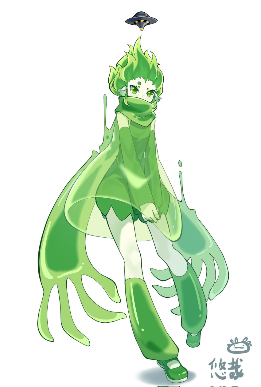 ben_10 colored_skin dress goop_(ben_10) green_eyes green_hair green_scarf green_skirt highres monster_girl personification scarf skirt slime_girl ufo white_skin youzaiyouzai112