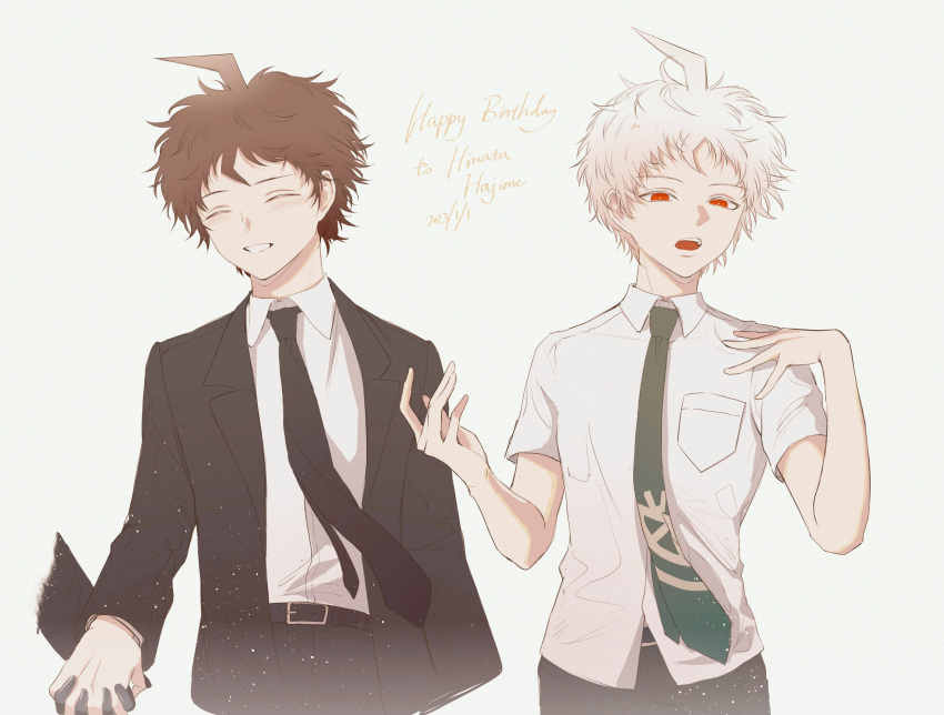 2boys :o absurdres archetto_l bangs black_gloves black_jacket black_necktie black_pants blush character_name cowboy_shot danganronpa_(series) danganronpa_2:_goodbye_despair danganronpa_3_(anime) gloves grin hands_up happy_birthday highres hinata_hajime hinata_hajime_(awakened) holding_hands jacket long_sleeves multiple_boys necktie open_clothes open_jacket open_mouth pants red_eyes shirt short_sleeves simple_background smile teeth upper_teeth_only white_hair white_shirt