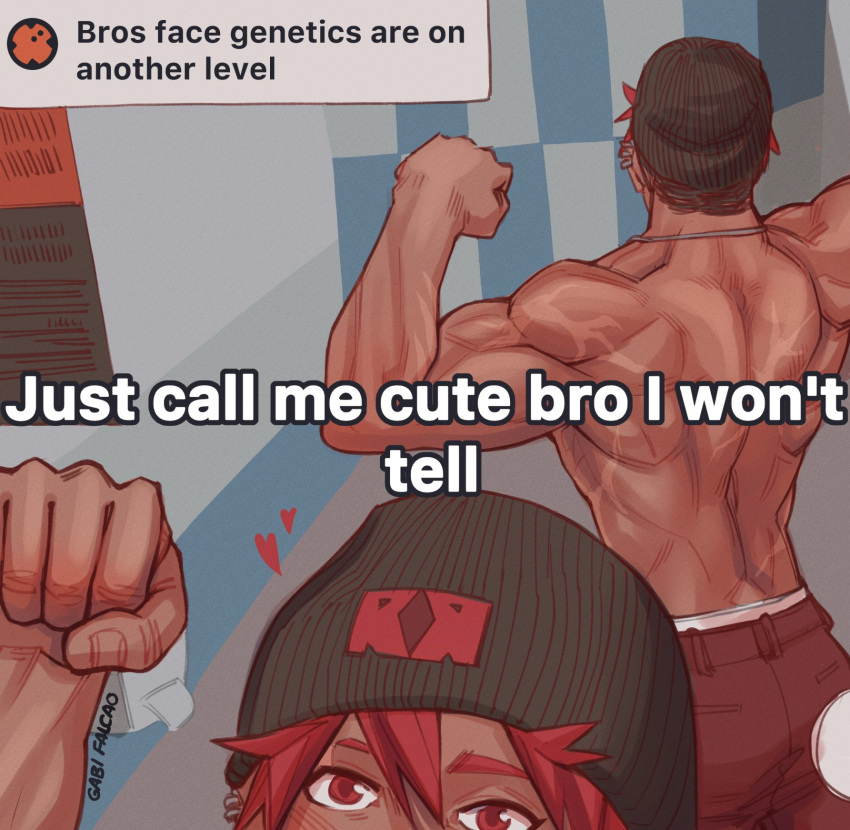 1boy beanie black_headwear boku_no_hero_academia clenched_hand commentary ear_piercing english_commentary english_text flexing from_behind gabi_falcao hat heart highres kirishima_eijirou looking_at_viewer male_focus meme muscular muscular_male pants piercing red_eyes red_hair red_pants reflection short_hair signature solo standing