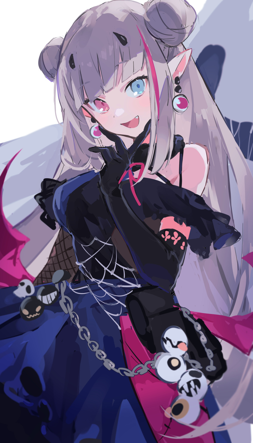 1girl absurdres bag bare_shoulders black_dress blue_dress blue_eyes breasts chain demon_horns dress earrings elbow_gloves ghost girls'_frontline gloves highres horns jewelry long_hair looking_at_viewer mdr_(ghost_trap)_(girls'_frontline) mdr_(girls'_frontline) medium_breasts multicolored_clothes multicolored_dress multicolored_eyes multicolored_hair open_mouth ornament pink_eyes pink_hair pointy_ears smile strapless strapless_dress tarouoga very_long_hair white_background white_hair