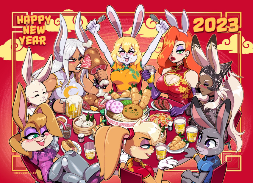 2023 6+girls :3 adapted_costume alcohol animal_ears arms_behind_head bamboo_steamer baozi beastars beer beer_mug biceps blonde_hair blush boku_no_hero_academia bowl bracelet breasts brown_fur buck_teeth bunnie_rabbot carrot carrot_(one_piece) carrot_print chair chili_dog china_dress chinese_clothes chinese_zodiac cleavage_cutout clothing_cutout crossed_legs crossover cup dark-skinned_female dark_skin dress drinking_glass eating elbow_gloves eyeshadow fake_animal_ears final_fantasy final_fantasy_xii floral_print food food_print fork fran_(ff12) furry furry_female gloves green_eyes grey_fur grey_hair hair_over_one_eye happy_new_year haru_(beastars) jessica_rabbit jewelry judy_hopps lipstick lola_bunny looney_tunes makeup meat mechanical_arms mechanical_legs mike_luckas mirko mug multiple_crossover multiple_girls muscular muscular_female new_year noodles one_piece plate purple_eyes purple_eyeshadow purple_gloves rabbit_ears rabbit_girl rabbit_tail ramen red_eyes red_lips single_mechanical_arm sonic_(series) sonic_the_hedgehog_(satam) space_jam spiked_bracelet spikes spoon table tail teeth trait_connection upper_teeth_only viera white_fur white_gloves who_framed_roger_rabbit year_of_the_rabbit zootopia