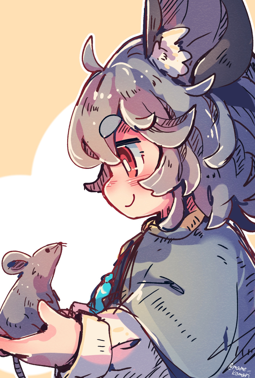 1girl ahoge animal animal_ear_fluff animal_ears bangs blush capelet closed_mouth commentary_request crystal grey_capelet grey_hair highres holding holding_animal jewelry long_sleeves mame_komari mouse mouse_ears mouse_girl nazrin one-hour_drawing_challenge pendant profile shirt short_hair smile solo thick_eyebrows touhou twitter_username upper_body white_shirt