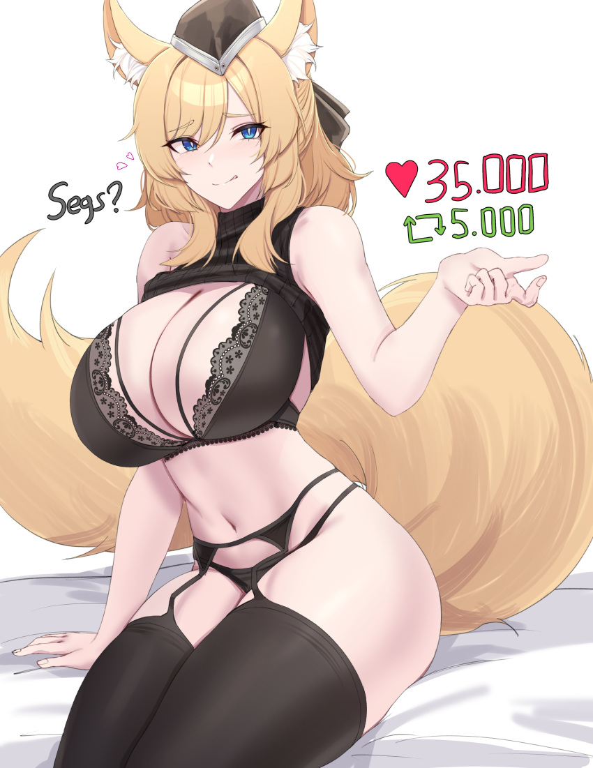 1girl absurdres animal_ear_fluff animal_ears arknights black_bra black_panties black_sweater black_thighhighs blonde_hair blue_eyes bra breasts cleavage commentary english_commentary english_text garter_belt garter_straps heart highres horse_ears horse_girl horse_tail kanta_(kanta_077) lace-trimmed_bra lace-trimmed_panties lace_trim large_breasts licking_lips lingerie long_hair looking_at_viewer meme navel on_bed panties sitting sleeveless sleeveless_turtleneck smile solo sweater tail thighhighs tongue tongue_out turtleneck turtleneck_sweater twitter_strip_game_(meme) underwear whislash_(arknights)
