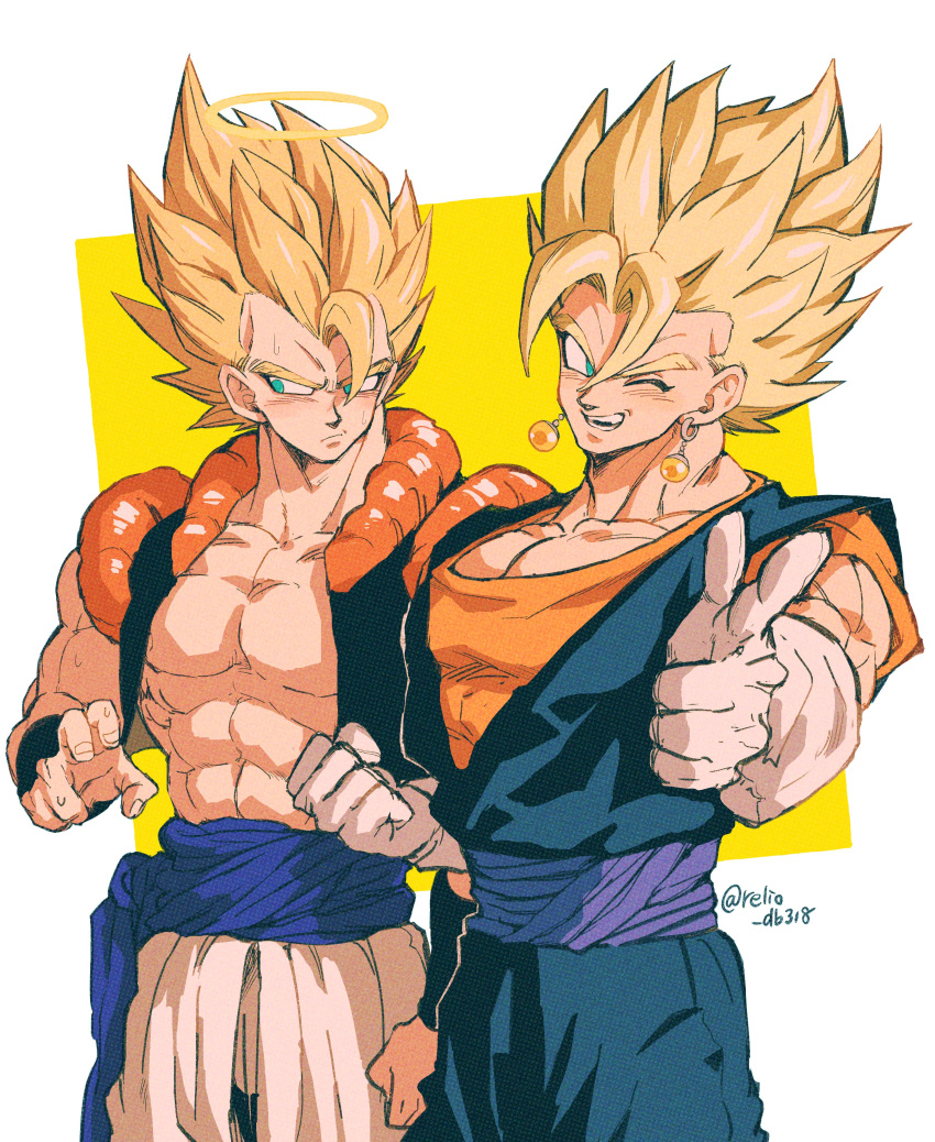 2boys abs absurdres arm_up artist_name baggy_pants bare_shoulders biceps black_vest black_wristband blonde_hair blue_eyes blue_sash blush clenched_hand closed_mouth dougi dragon_ball dragon_ball_z earrings frown gloves gogeta hair_between_eyes halo highres jewelry looking_away male_focus metamoran_vest multiple_boys muscular muscular_male one_eye_closed open_clothes open_mouth open_vest orange_shirt pants pectorals potara_earrings purple_sash relio_db318 sash shirt short_sleeves simple_background smile spiked_hair super_saiyan super_saiyan_1 sweat teeth twitter_username two-tone_background v-shaped_eyebrows vegetto vest white_background white_gloves white_pants wristband yellow_background